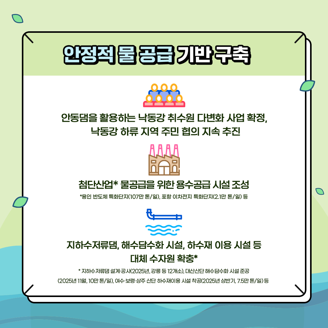 안정적 물 공급 기반 구축
						- 안동댐을 활용하는 낙동강 취수원 다변화 사업 확정,
						낙동강 하류 지역 주민 협의 지속 추진
						- 첨단산업* 물공급을 위한 용수공급 시설 조성
						*용인 반도체 특화단지(107만톤/일), 포항 이차전지 특화단지(2.1만톤/일) 등
						- 지하수저류댐, 해수담수화 시설, 하수재 이용 시설 등
						대체 수자원 확충*
						* 지하수저류댐 설계·공사(2026년, 강릉 등 12개소), 대산산단 해수담수화 시설 준공
						(2026년 11월, 10만톤/일), 여수·보령·상주 산단 하수재이용시설 착공(2026년 상반기, 7.5만톤/일) 등