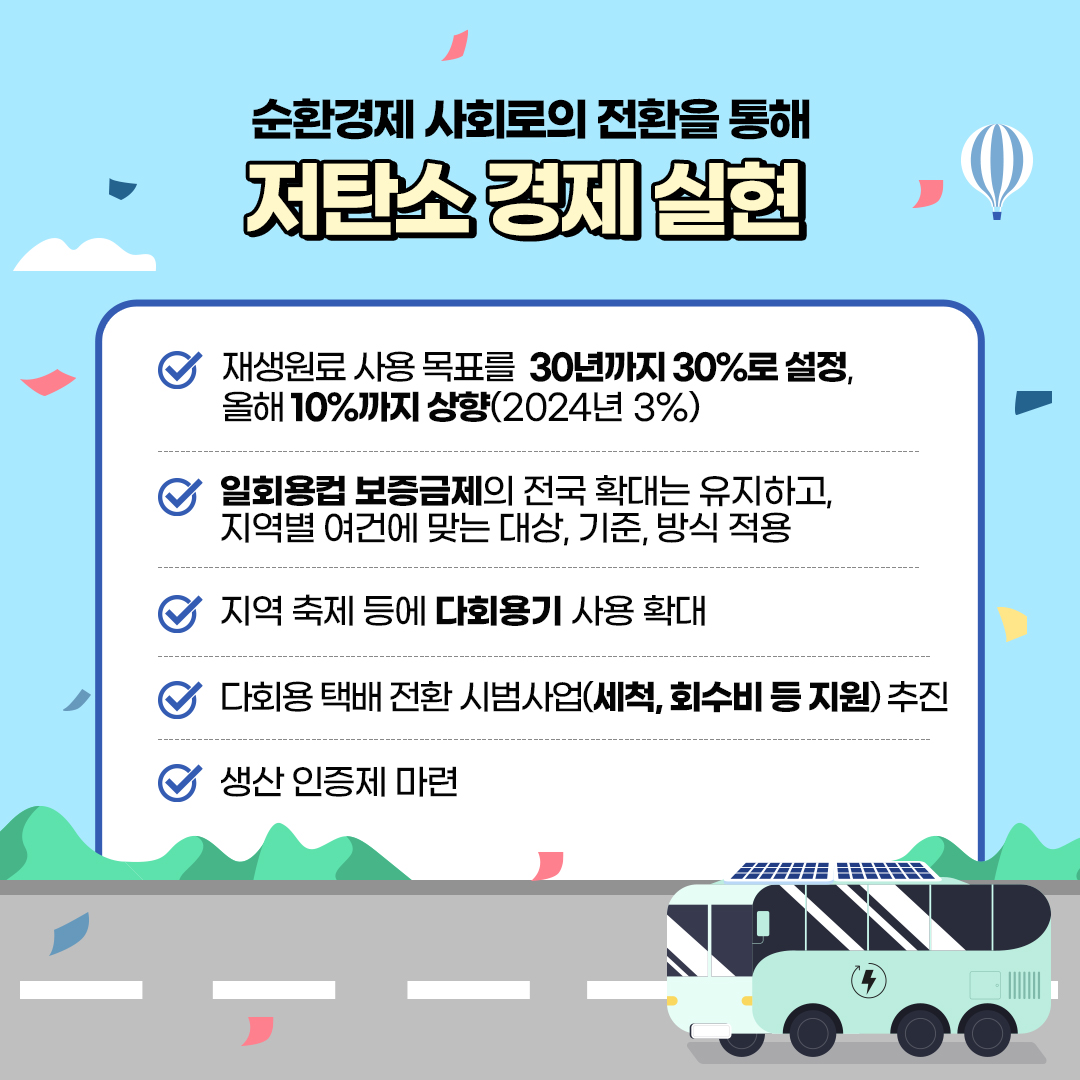 순환경제 사회로의 전환을 통해
						저탄소 경제 실현!
						- 재생원료 사용 목표를 30년까지 30%로 설정, 올해 10%까지 상향(2024년 3%)
						- 일회용컵 보증금제의 전국 확대는 유지하고, 지역별 여건에 맞는 대상, 기준, 방식 적용
						- 지역 축제 등에 다회용기 사용 확대
						- 다회용 택배 전환 시범사업(세척, 회수비 등 지원) 추진
						- 생산 인증제 마련