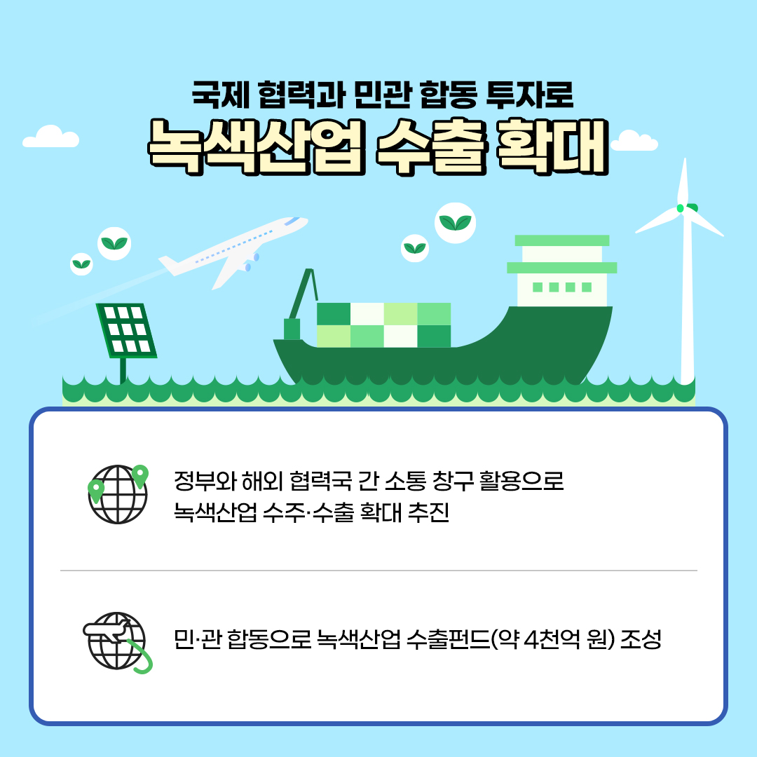국제협력과 민관합동 투자로
						녹색산업 수출 확대
						- 정부와 해외 협력국 간 소통 창구 활용으로
						녹색산업 수주·수출 확대 추진
						- 민·관 합동으로 녹색산업 수출펀드(약 4천억원) 조성