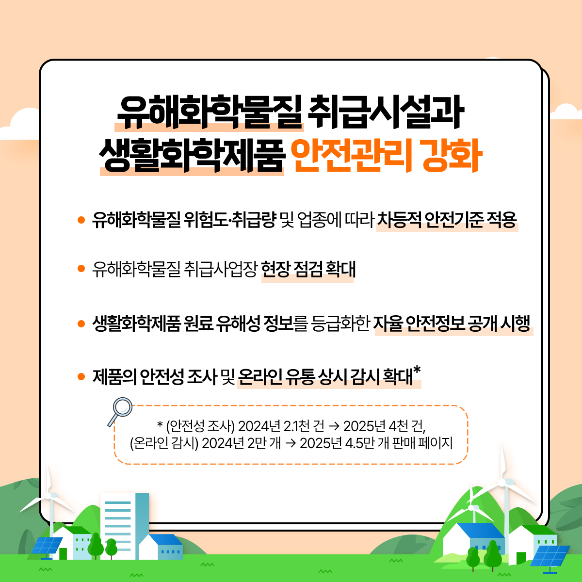 유해화학물질 취급시설과
						생활화학제품 안전관리 강화
						- 유해화학물질 위험도·취급량 및 업종에 따라 차등적 안전기준 적용
						- 유해화학물질 취급사업장 현장 점검 확대
						- 생활화학제품 원료 유해성 정보를 등급화한 자율안전정보공개 시행
						- 제품의 안전성 조사 및 온라인 유통 상시 감시 확대*
						*(안전성 조사) 2024년 2.1천건→2026년 4천건,
						(온라인 감시) 2024년 2만개→2026년 4.5만개 판매 페이지