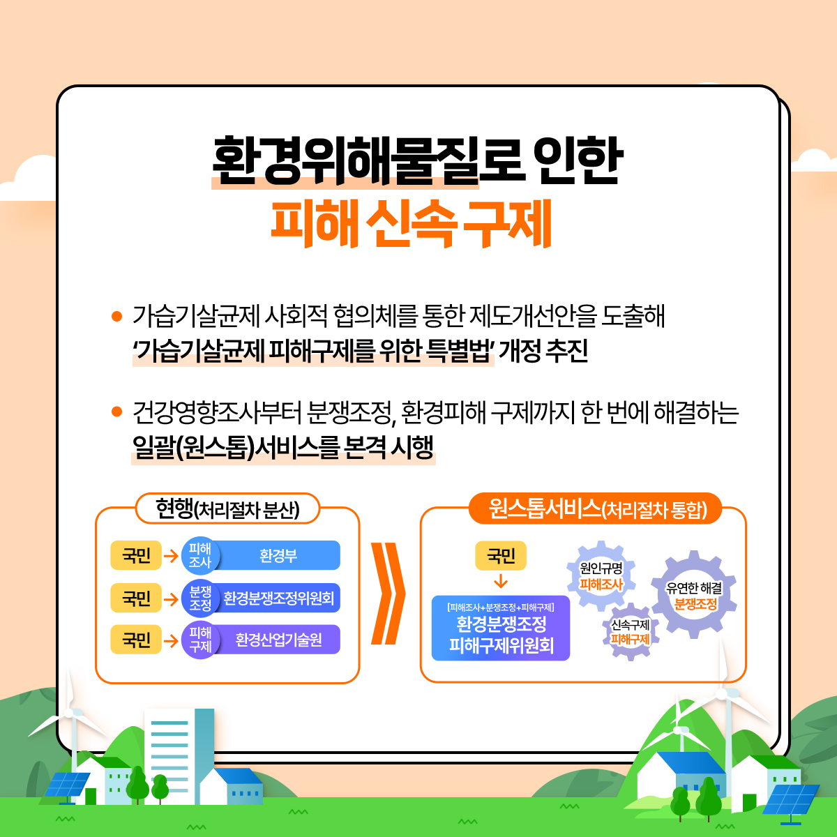 환경위해물질로 인한
						피해 신속 구제
						- 가습기살균제 사회적 협의체를 통한 제도개선안을 도출해
						'가습기살균제 피해구제를 위한 특별법' 개정 추진
						- 건강영향조사부터 분쟁조정, 환경피해 구제까지 한 번에 해결하는 일괄(원스톱)서비스를 본격 시행
						현행(처리절차 분산)
						국민→피해조사: 환경부
						국민→분쟁조정: 환경분쟁조정위원회
						국민→피해구제: 환경산업기술원
						원스톱서비스(처리절차 통합)
						국민→[피해조사+분쟁조정+피해구제]: 환경분쟁조정 피해구제위원회
						원인규명 피해조사
						유연한 해결 분쟁조정
						신속구제 피해구제